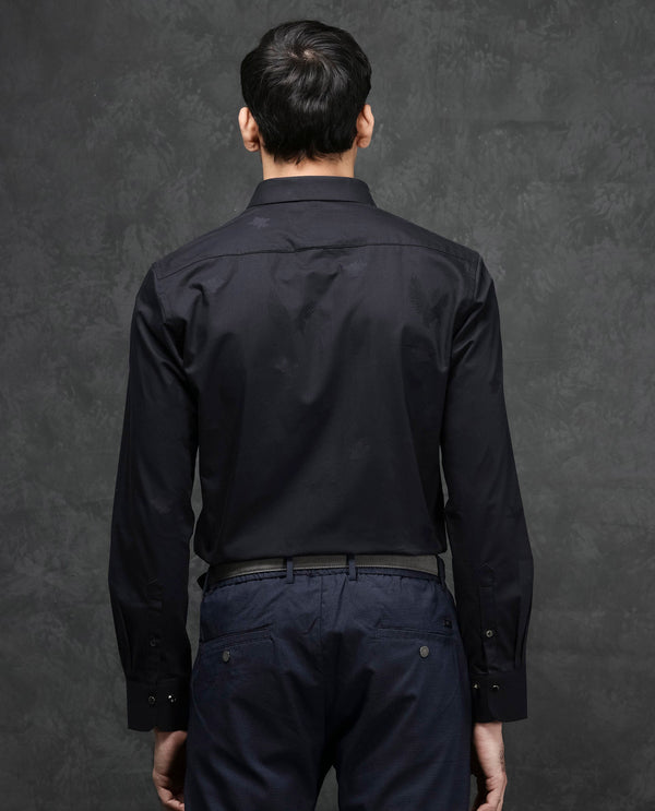 Rare Rabbit Mens Sherd  Black Cotton Fabric Full Sleeve Regular Fit Jacquard Textured Shirt