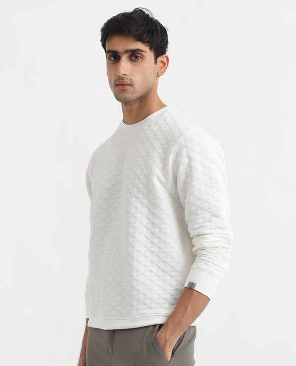 Rare Rabbit Mens Shield Off White Sweatshirt Polyester Cotton Lycra Fabric Round Neck Knitted Full Sleeves Comfortable Fit