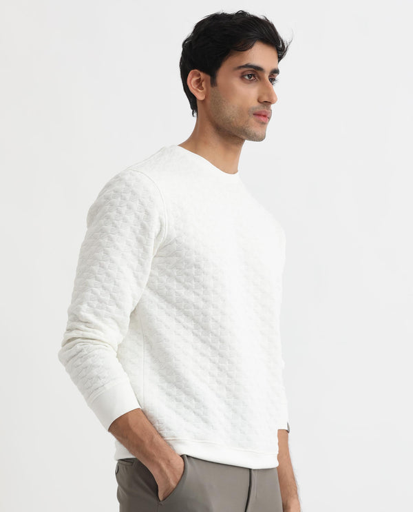 Rare Rabbit Mens Shield Off White Sweatshirt Polyester Cotton Lycra Fabric Round Neck Knitted Full Sleeves Comfortable Fit