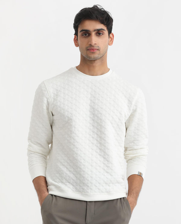 Rare Rabbit Mens Shield Off White Sweatshirt Polyester Cotton Lycra Fabric Round Neck Knitted Full Sleeves Comfortable Fit