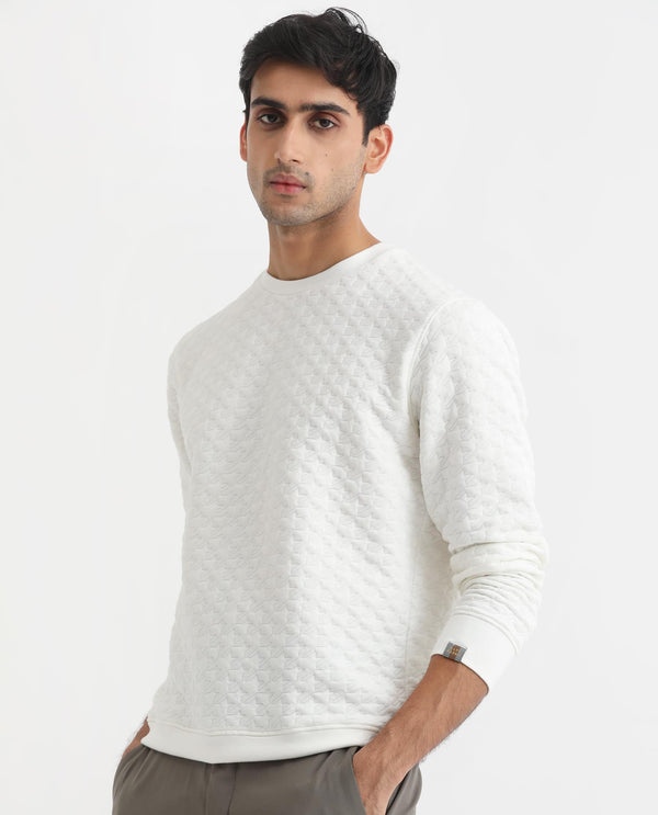 Rare Rabbit Mens Shield Off White Sweatshirt Polyester Cotton Lycra Fabric Round Neck Knitted Full Sleeves Comfortable Fit