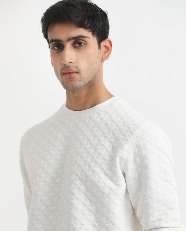 Rare Rabbit Mens Shield Off White Sweatshirt Polyester Cotton Lycra Fabric Round Neck Knitted Full Sleeves Comfortable Fit