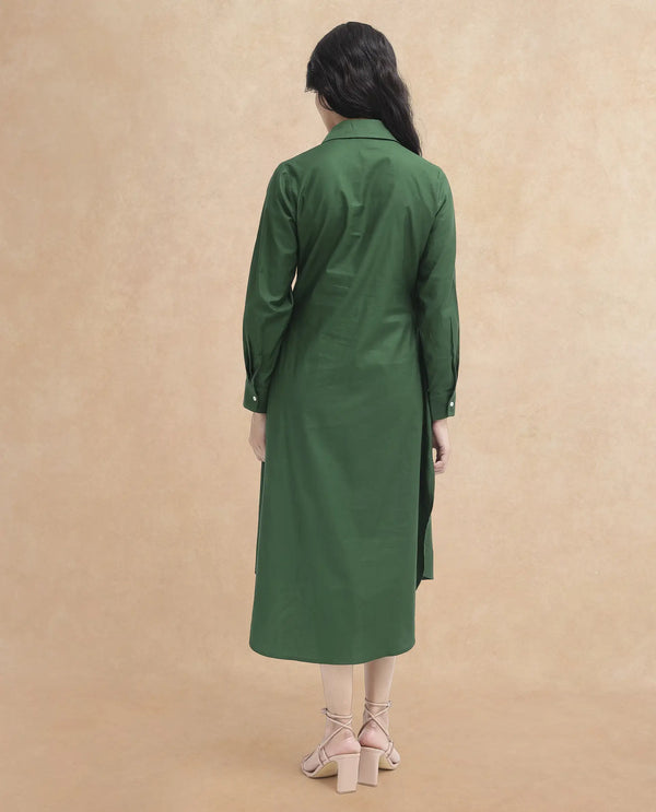Rareism Women Shikamaru Dark Green Cuffed Sleeve Jonny Collar Button Closure Relaxed Fit Midi Plain Dress