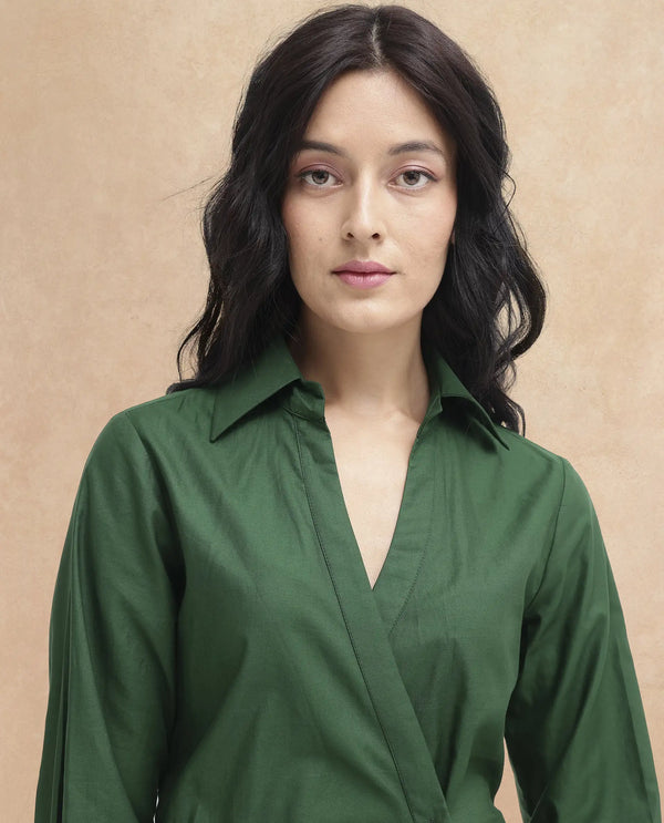 Rareism Women Shikamaru Dark Green Cuffed Sleeve Jonny Collar Button Closure Relaxed Fit Midi Plain Dress