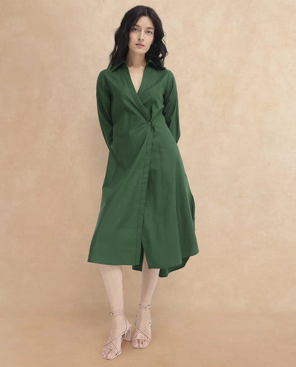 Rareism Women Shikamaru Dark Green Cuffed Sleeve Jonny Collar Button Closure Relaxed Fit Midi Plain Dress