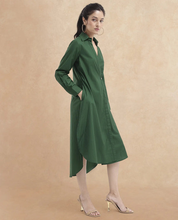 Rareism Women Shikamaru Dark Green Cuffed Sleeve Jonny Collar Button Closure Relaxed Fit Midi Plain Dress