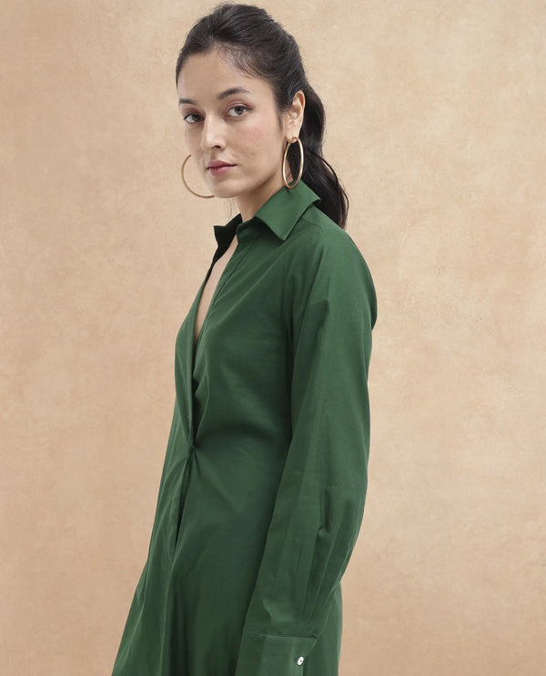 Rareism Women Shikamaru Dark Green Cuffed Sleeve Jonny Collar Button Closure Relaxed Fit Midi Plain Dress