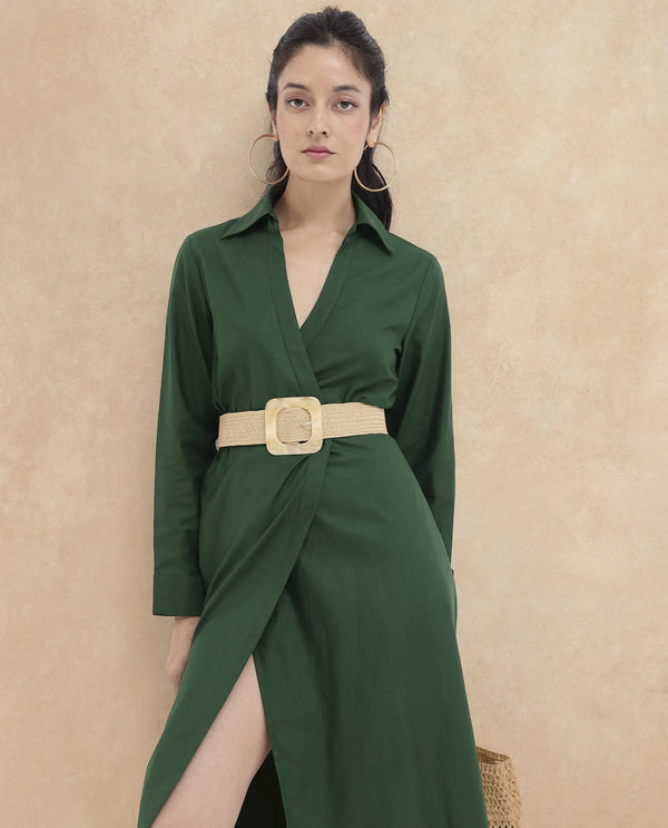 Rareism Women Shikamaru Dark Green Cuffed Sleeve Jonny Collar Button Closure Relaxed Fit Midi Plain Dress