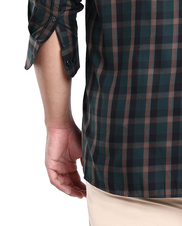 Rare Rabbit Men's Shiloh Dark Green Cotton Fabric Full Sleeve Checks Shirt Plus Size