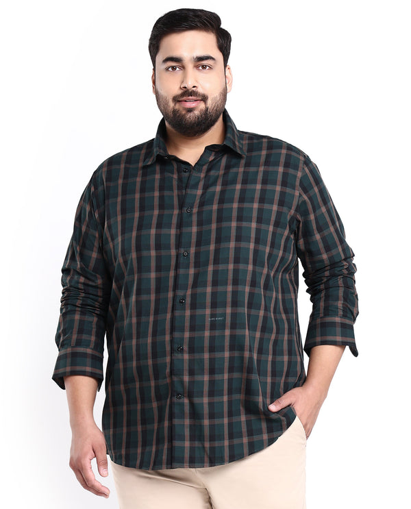 Rare Rabbit Men's Shiloh Dark Green Cotton Fabric Full Sleeve Checks Shirt Plus Size