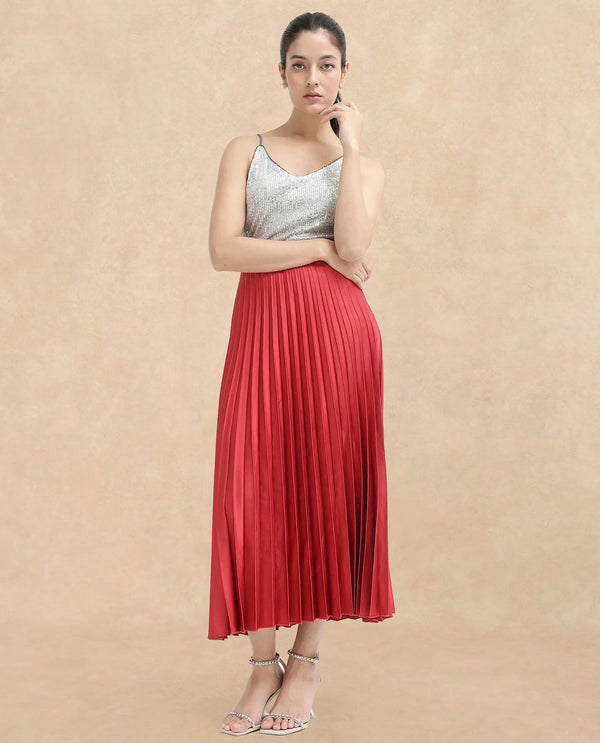 Rareism Women Shilton Maroon Polyester Fabric Solid Ankle Length Skirt