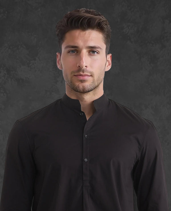 Rare Rabbit Men Shin Black Cotton Fabric Full Sleeve Mandarin Collared Regular Fit Premium Plain Shirt