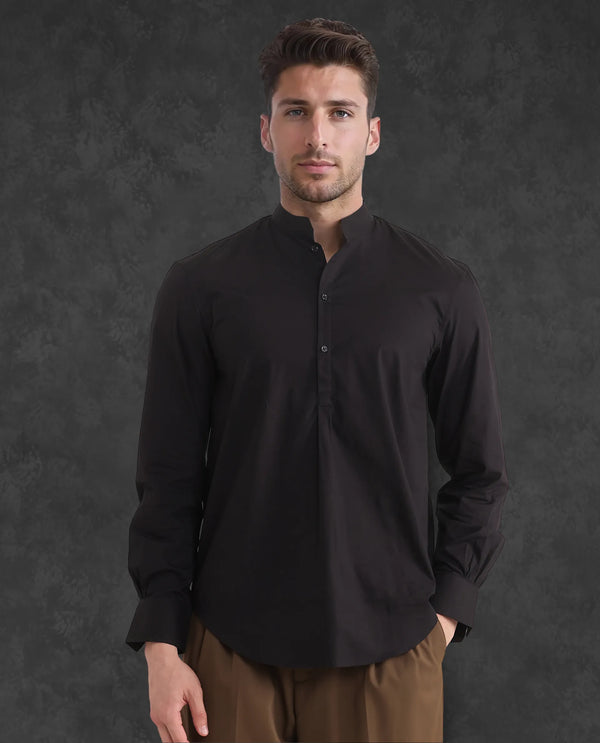 Rare Rabbit Men Shin Black Cotton Fabric Full Sleeve Mandarin Collared Regular Fit Premium Plain Shirt