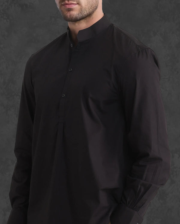 Rare Rabbit Men Shin Black Cotton Fabric Full Sleeve Mandarin Collared Regular Fit Premium Plain Shirt