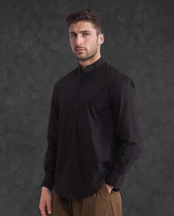 Rare Rabbit Men Shin Black Cotton Fabric Full Sleeve Mandarin Collared Regular Fit Premium Plain Shirt