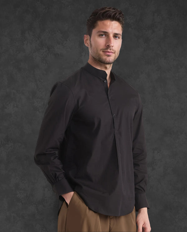 Rare Rabbit Men Shin Black Cotton Fabric Full Sleeve Mandarin Collared Regular Fit Premium Plain Shirt