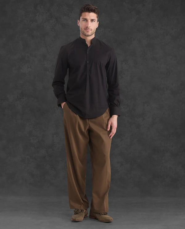 Rare Rabbit Men Shin Black Cotton Fabric Full Sleeve Mandarin Collared Regular Fit Premium Plain Shirt