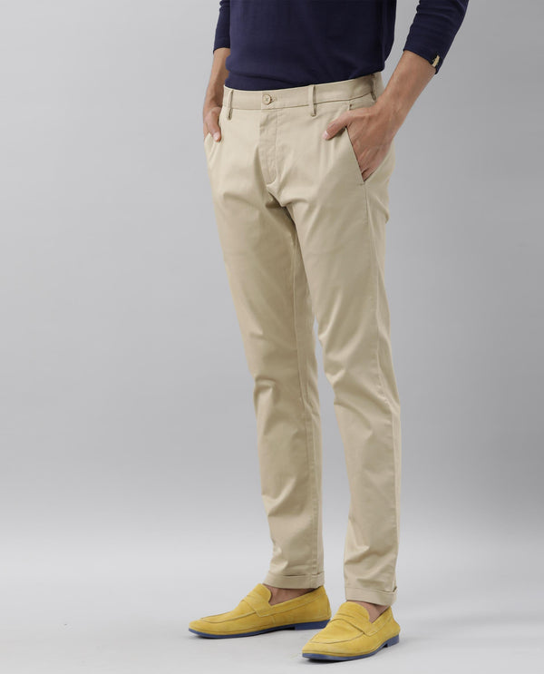 Rare Rabbit Men's Shines Beige Solid Mid-Rise Regular Fit Stretch Trousers