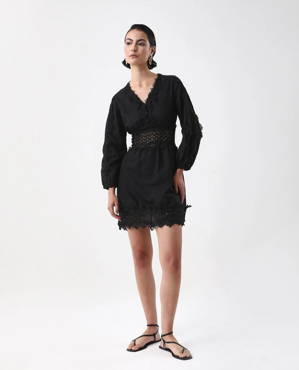Rareism Women's Shirley Black  V-Neck Button Closure Bishop Sleeve Plain Fit And Flare Mini Dress