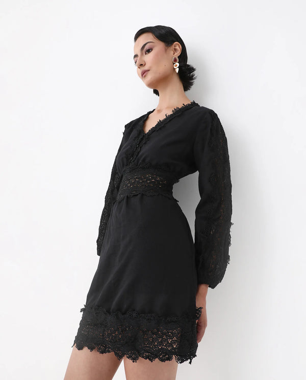 Rareism Women's Shirley Black  V-Neck Button Closure Bishop Sleeve Plain Fit And Flare Mini Dress