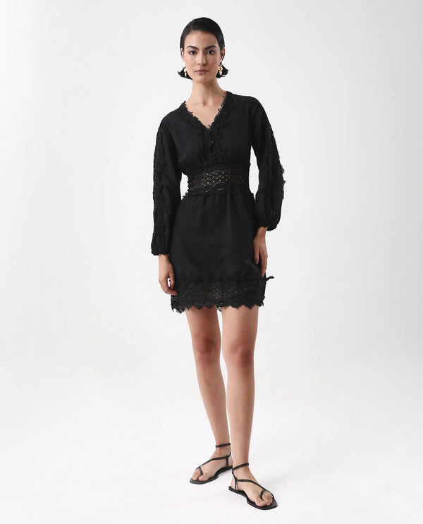 Rareism Women's Shirley Black  V-Neck Button Closure Bishop Sleeve Plain Fit And Flare Mini Dress