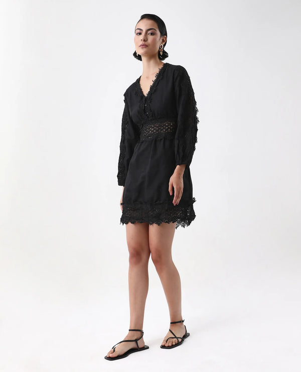 Rareism Women's Shirley Black  V-Neck Button Closure Bishop Sleeve Plain Fit And Flare Mini Dress
