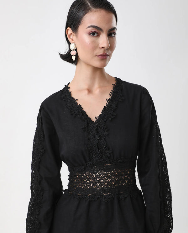Rareism Women's Shirley Black  V-Neck Button Closure Bishop Sleeve Plain Fit And Flare Mini Dress