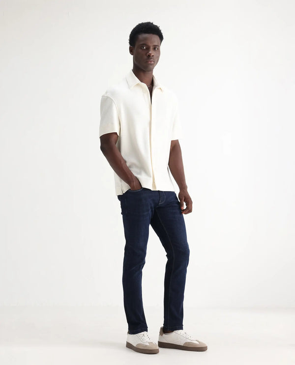 Rare Rabbit Men Shirol Blue Cotton Polyester Fabric Slim Fit Plain Denim Pant
