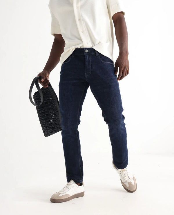 Rare Rabbit Men Shirol Blue Cotton Polyester Fabric Slim Fit Plain Denim Pant