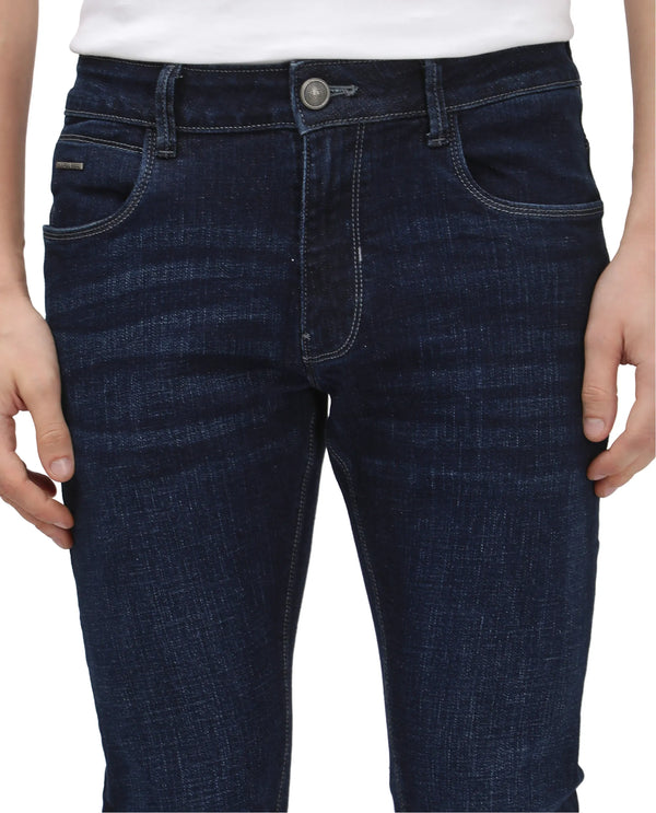 Rare Rabbit Men Shirol Blue Cotton Polyester Fabric Slim Fit Plain Denim Pant