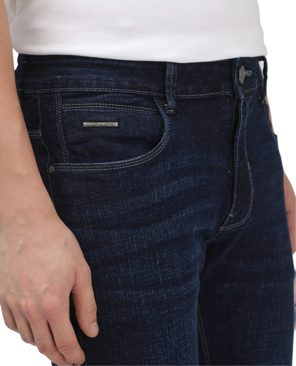 Rare Rabbit Men Shirol Blue Cotton Polyester Fabric Slim Fit Plain Denim Pant