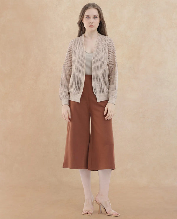 Rareism Women Shoyo Dark Brown Polyester Fabric Zip Closure Flared Fit Plain Midi Culottes