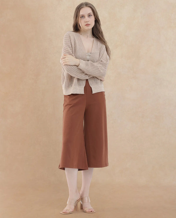 Rareism Women Shoyo Dark Brown Polyester Fabric Zip Closure Flared Fit Plain Midi Culottes