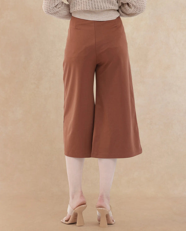 Rareism Women Shoyo Dark Brown Polyester Fabric Zip Closure Flared Fit Plain Midi Culottes