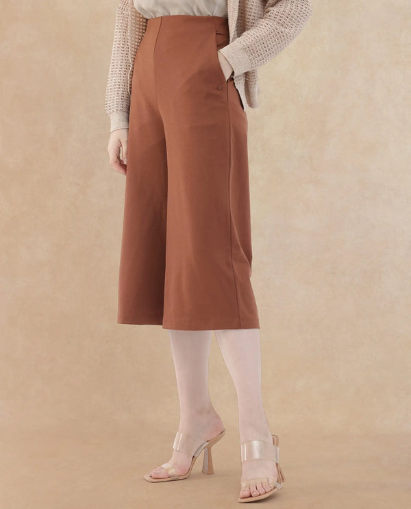 Rareism Women Shoyo Dark Brown Polyester Fabric Zip Closure Flared Fit Plain Midi Culottes