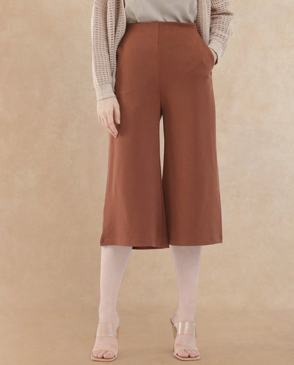 Rareism Women Shoyo Dark Brown Polyester Fabric Zip Closure Flared Fit Plain Midi Culottes