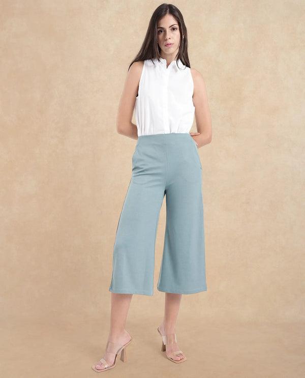 Rareism Women Shoyo Light Green Polyester Fabric Zip Closure Flared Fit Plain Midi Culottes