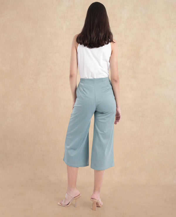 Rareism Women Shoyo Light Green Polyester Fabric Zip Closure Flared Fit Plain Midi Culottes