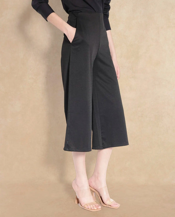 Rareism Women Shoyo Black Polyester Fabric Zip Closure Flared Fit Plain Midi Culottes