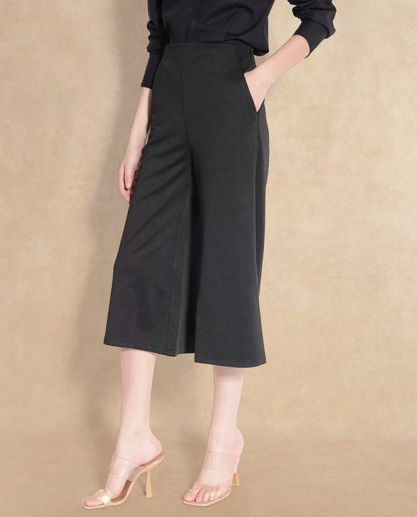 Rareism Women Shoyo Black Polyester Fabric Zip Closure Flared Fit Plain Midi Culottes