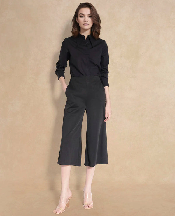 Rareism Women Shoyo Black Polyester Fabric Zip Closure Flared Fit Plain Midi Culottes