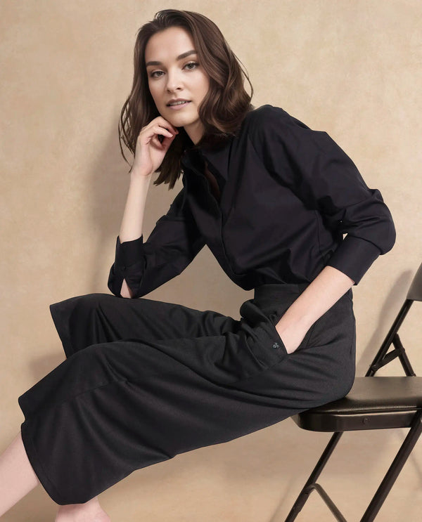 Rareism Women Shoyo Black Polyester Fabric Zip Closure Flared Fit Plain Midi Culottes