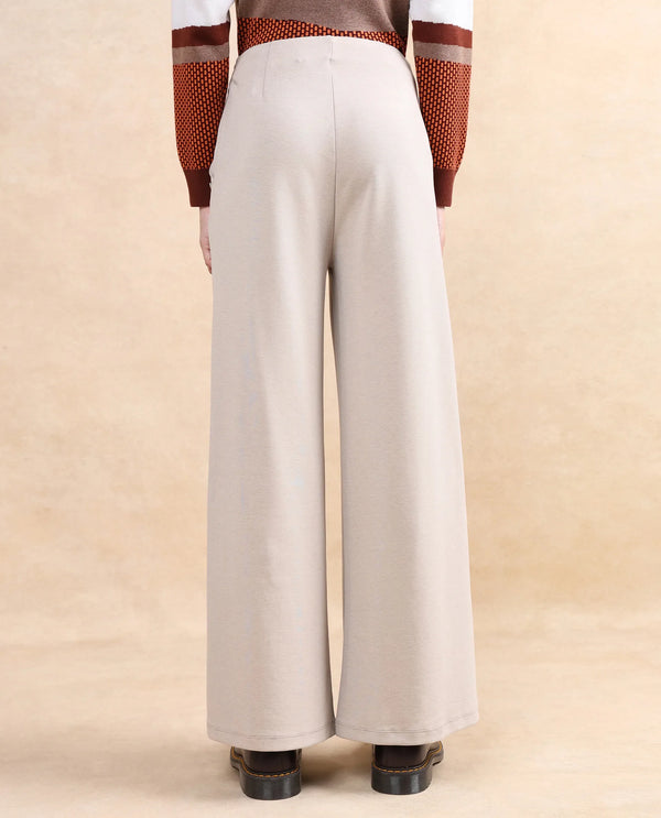 Rareism Women Shoyon Beige Cotton Viscose Fabric Wide Fit Plain Trouser