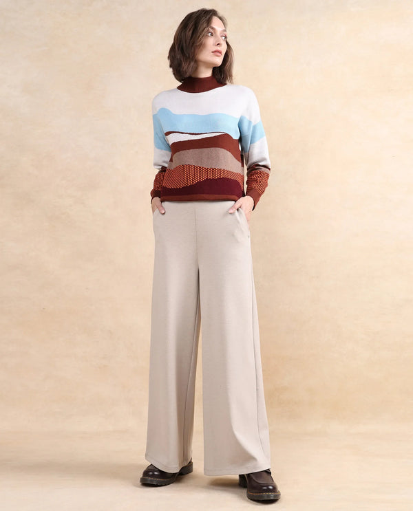 Rareism Women Shoyon Beige Cotton Viscose Fabric Wide Fit Plain Trouser