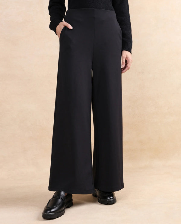 Rareism Women Shoyon Black Cotton Viscose Fabric Wide Fit Midi Plain Trouser