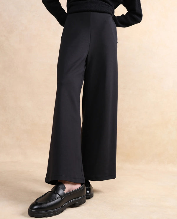 Rareism Women Shoyon Black Cotton Viscose Fabric Wide Fit Midi Plain Trouser