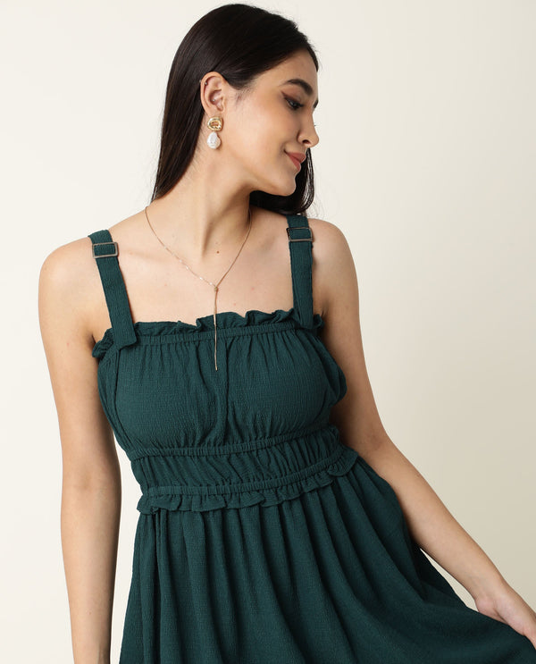 Rareism Women Sickle Green Broad Shoulder Detachable Straps Square Neck Smocking Chest Detail With Ruffled Hem Midi Dress