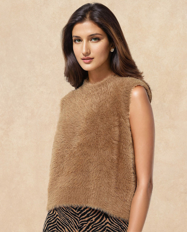 Rareism Women Sielo Dark Beige Relaxed Fit Plain Sweater