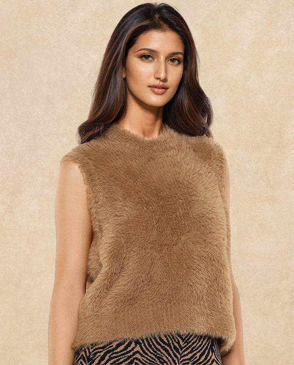 Rareism Women Sielo Dark Beige Relaxed Fit Plain Sweater