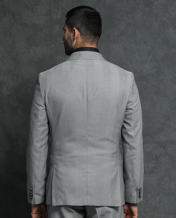 Rare Rabbit Men's Sierres Light Grey Polyester Viscose Fabric Peak Lapel Button Closure Double Breasted Herringbone Suits
